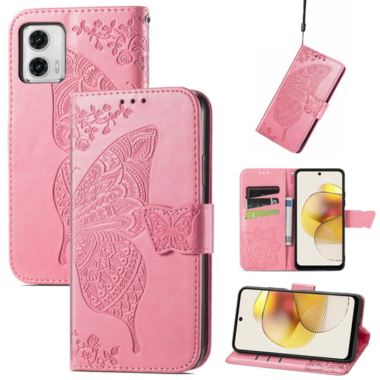 Pour Motorola Moto G73 Butterfly Love Flower Étui de téléphone en cuir à rabat en relief (rose)