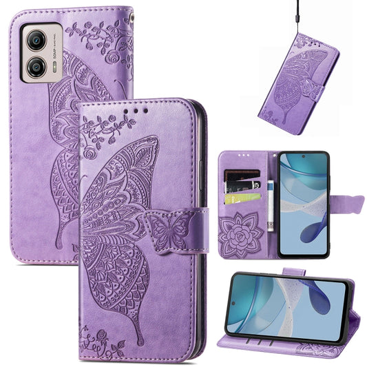 For Motorola Moto E13 Butterfly Love Flower Embossed Flip Leather Phone Case(Light Purple) - Motorola Cases by buy2fix | Online Shopping UK | buy2fix