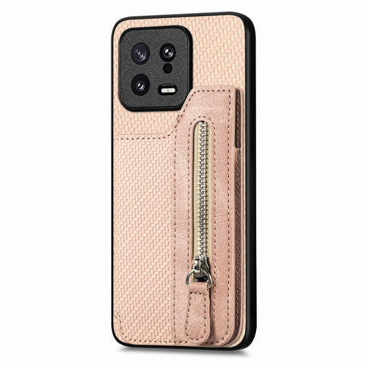 For Xiaomi 13 Carbon Fiber Flip Zipper Wallet Phone Case(Khaki) - Xiaomi Cases by buy2fix | Online Shopping UK | buy2fix