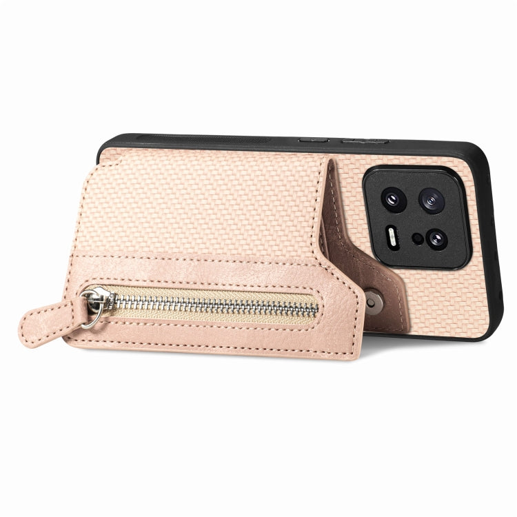 For Xiaomi 13 Carbon Fiber Flip Zipper Wallet Phone Case(Khaki) - Xiaomi Cases by buy2fix | Online Shopping UK | buy2fix