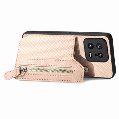 For Xiaomi 13 Carbon Fiber Flip Zipper Wallet Phone Case(Khaki) - Xiaomi Cases by buy2fix | Online Shopping UK | buy2fix