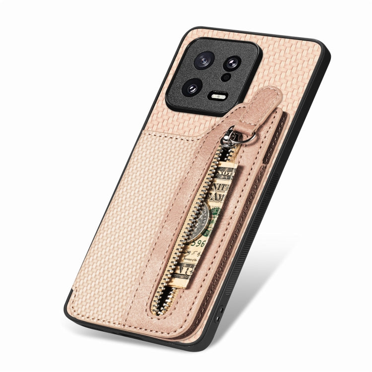 For Xiaomi 13 Carbon Fiber Flip Zipper Wallet Phone Case(Khaki) - Xiaomi Cases by buy2fix | Online Shopping UK | buy2fix