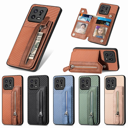 For Xiaomi 13 Carbon Fiber Flip Zipper Wallet Phone Case(Khaki) - Xiaomi Cases by buy2fix | Online Shopping UK | buy2fix
