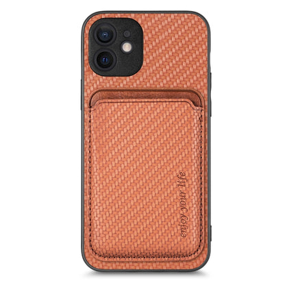 For iPhone 12 Carbon Fiber Leather Card Magsafe Magnetic Phone Case(Brown) - iPhone 12 / 12 Pro Cases by buy2fix | Online Shopping UK | buy2fix