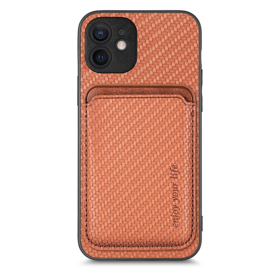 For iPhone 12 Carbon Fiber Leather Card Magsafe Magnetic Phone Case(Brown) - iPhone 12 / 12 Pro Cases by buy2fix | Online Shopping UK | buy2fix