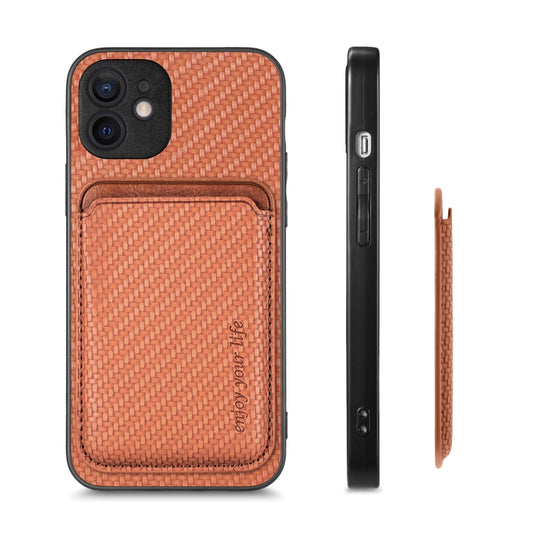 For iPhone 12 Carbon Fiber Leather Card Magsafe Magnetic Phone Case(Brown) - iPhone 12 / 12 Pro Cases by buy2fix | Online Shopping UK | buy2fix