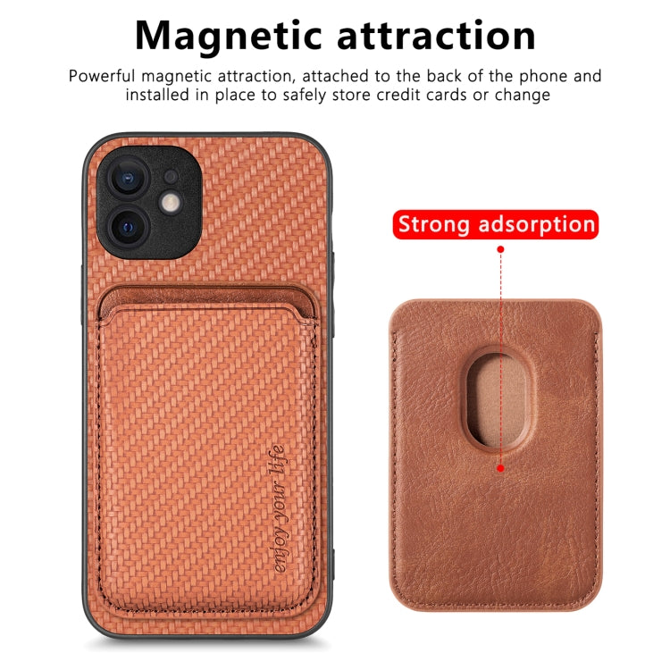 For iPhone 12 Carbon Fiber Leather Card Magsafe Magnetic Phone Case(Brown) - iPhone 12 / 12 Pro Cases by buy2fix | Online Shopping UK | buy2fix