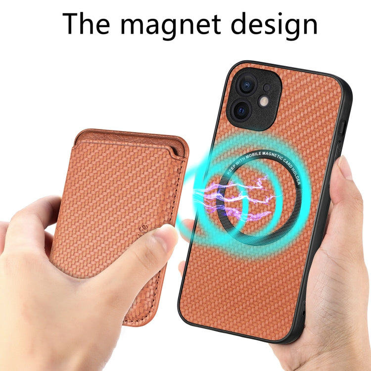 For iPhone 12 Carbon Fiber Leather Card Magsafe Magnetic Phone Case(Brown) - iPhone 12 / 12 Pro Cases by buy2fix | Online Shopping UK | buy2fix