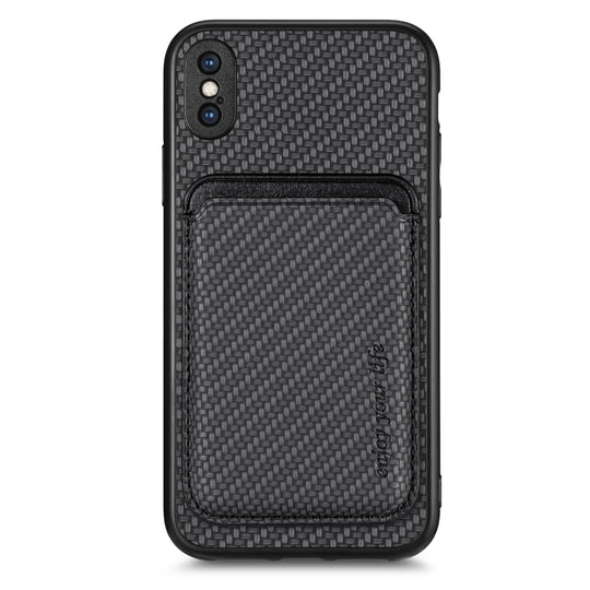 For iPhone X / XS Carbon Fiber Leather Card Magsafe Magnetic Phone Case(Black)