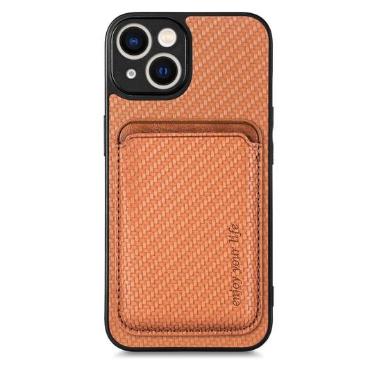 For iPhone 14 Carbon Fiber Leather Card Magsafe Magnetic Phone Case(Brown) - iPhone 14 Cases by buy2fix | Online Shopping UK | buy2fix