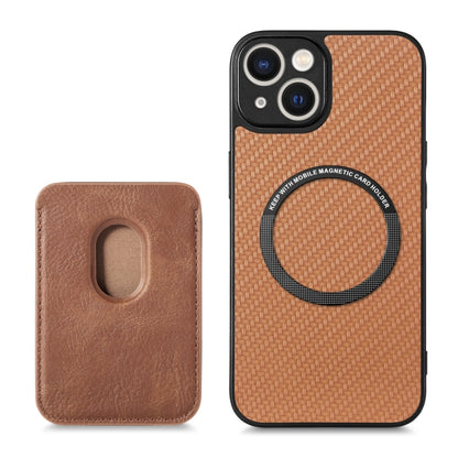 For iPhone 14 Carbon Fiber Leather Card Magsafe Magnetic Phone Case(Brown) - iPhone 14 Cases by buy2fix | Online Shopping UK | buy2fix