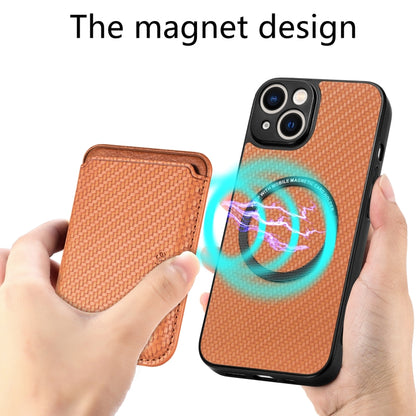 For iPhone 14 Carbon Fiber Leather Card Magsafe Magnetic Phone Case(Brown) - iPhone 14 Cases by buy2fix | Online Shopping UK | buy2fix