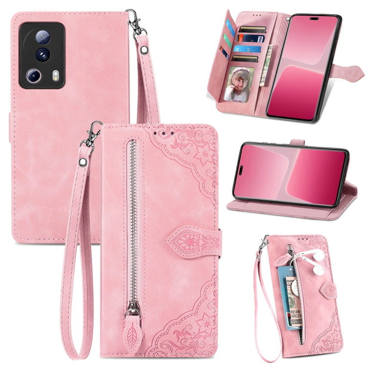 For Xiaomi 13 Lite Embossed Flower Zipper Leather Phone Case(Pink) - Xiaomi Cases by buy2fix | Online Shopping UK | buy2fix