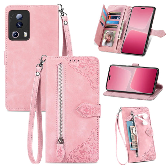For Xiaomi 13 Lite Embossed Flower Zipper Leather Phone Case(Pink) - Xiaomi Cases by buy2fix | Online Shopping UK | buy2fix