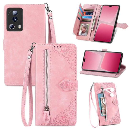 For Xiaomi 13 Lite Embossed Flower Zipper Leather Phone Case(Pink)
