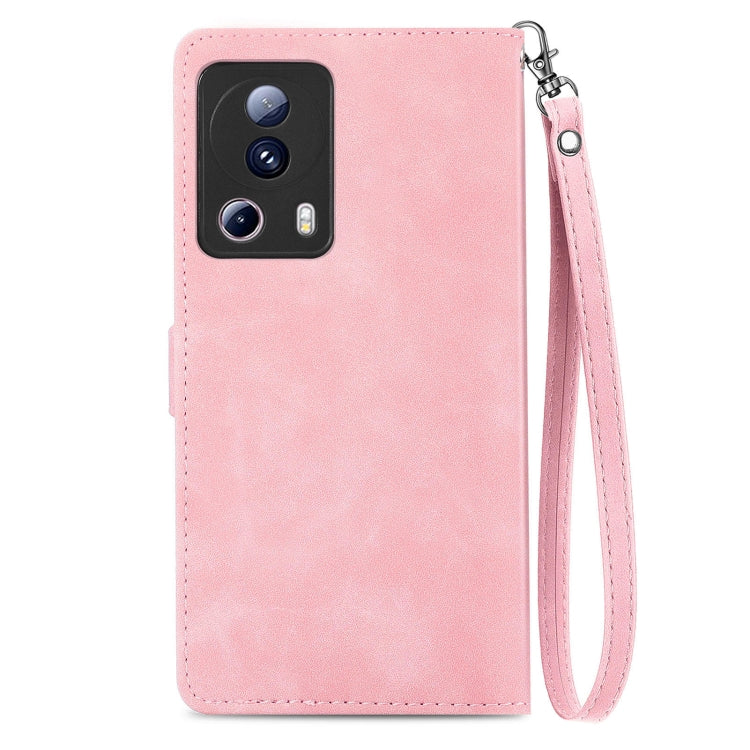 For Xiaomi 13 Lite Embossed Flower Zipper Leather Phone Case(Pink) - Xiaomi Cases by buy2fix | Online Shopping UK | buy2fix