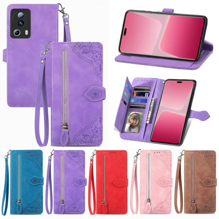 For Xiaomi 13 Lite Embossed Flower Zipper Leather Phone Case(Pink) - Xiaomi Cases by buy2fix | Online Shopping UK | buy2fix