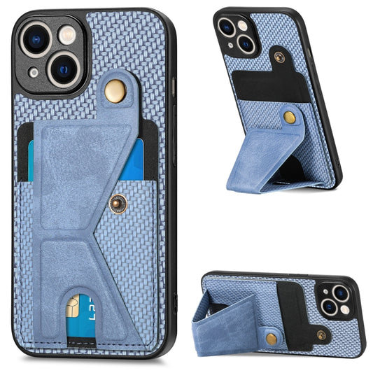 For iPhone 13 Carbon Fiber Wallet Flip Card K-shaped Holder Phone Case(Blue) - iPhone 13 Cases by buy2fix | Online Shopping UK | buy2fix