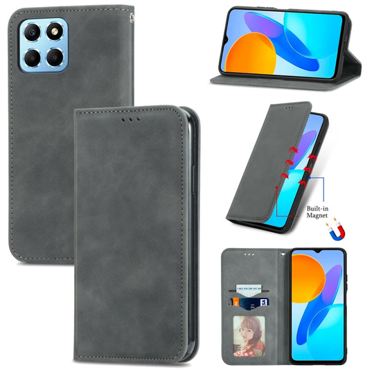 Pour Honor X6 Retro Skin Feel Étui de téléphone en cuir à rabat magnétique (gris)