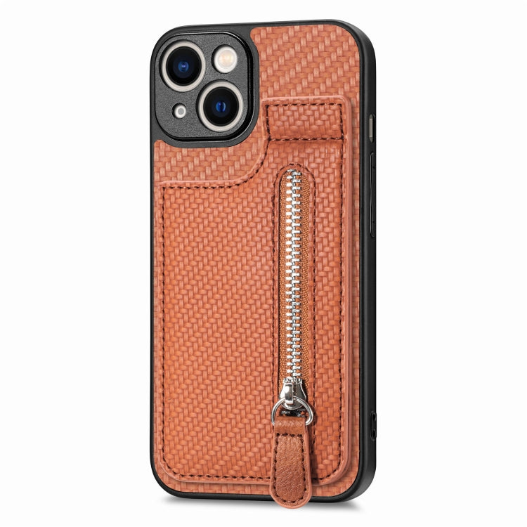 For iPhone 14 Plus Carbon Fiber Vertical Flip Zipper Phone Case(Brown) - iPhone 14 Plus Cases by buy2fix | Online Shopping UK | buy2fix
