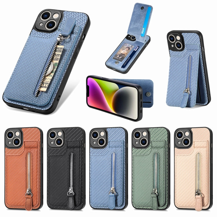 For iPhone 14 Plus Carbon Fiber Vertical Flip Zipper Phone Case(Brown) - iPhone 14 Plus Cases by buy2fix | Online Shopping UK | buy2fix