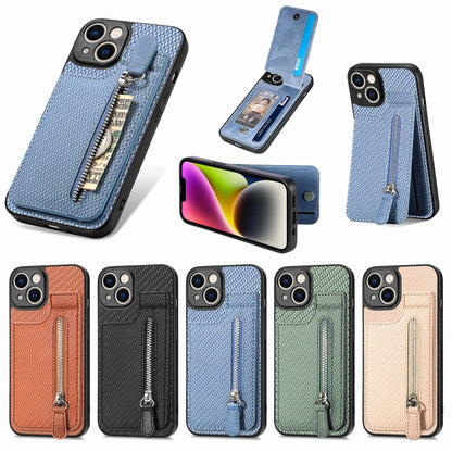 For iPhone 14 Plus Carbon Fiber Vertical Flip Zipper Phone Case(Brown) - iPhone 14 Plus Cases by buy2fix | Online Shopping UK | buy2fix