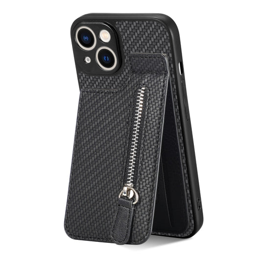 For iPhone 13 mini Carbon Fiber Vertical Flip Zipper Phone Case(Black) - iPhone 13 mini Cases by buy2fix | Online Shopping UK | buy2fix