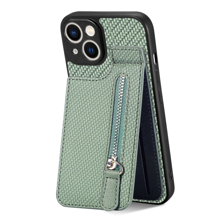 For iPhone 13 mini Carbon Fiber Vertical Flip Zipper Phone Case(Green) - iPhone 13 mini Cases by buy2fix | Online Shopping UK | buy2fix