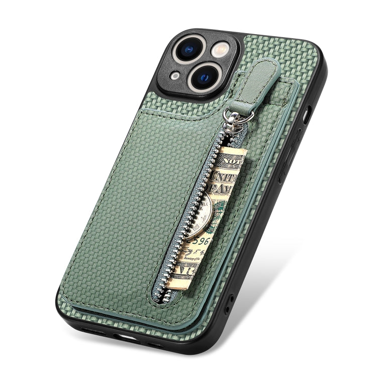 For iPhone 13 mini Carbon Fiber Vertical Flip Zipper Phone Case(Green) - iPhone 13 mini Cases by buy2fix | Online Shopping UK | buy2fix
