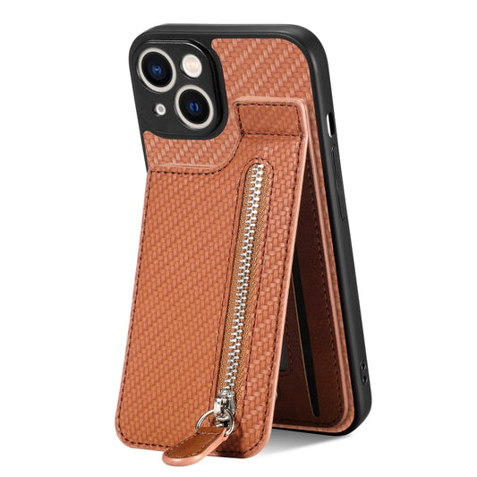 For iPhone 13 mini Carbon Fiber Vertical Flip Zipper Phone Case(Brown) - iPhone 13 mini Cases by buy2fix | Online Shopping UK | buy2fix