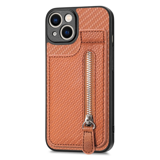 For iPhone 13 mini Carbon Fiber Vertical Flip Zipper Phone Case(Brown) - iPhone 13 mini Cases by buy2fix | Online Shopping UK | buy2fix