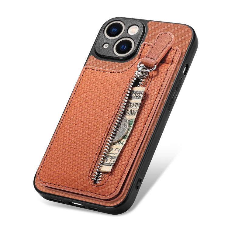For iPhone 13 mini Carbon Fiber Vertical Flip Zipper Phone Case(Brown) - iPhone 13 mini Cases by buy2fix | Online Shopping UK | buy2fix