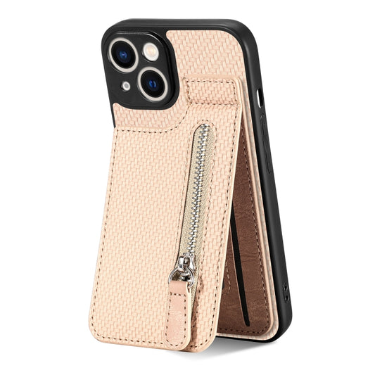 For iPhone 13 mini Carbon Fiber Vertical Flip Zipper Phone Case(Khaki) - iPhone 13 mini Cases by buy2fix | Online Shopping UK | buy2fix
