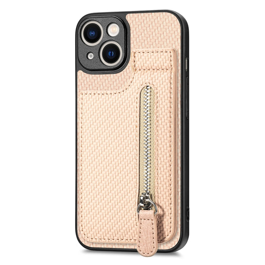 For iPhone 13 mini Carbon Fiber Vertical Flip Zipper Phone Case(Khaki) - iPhone 13 mini Cases by buy2fix | Online Shopping UK | buy2fix
