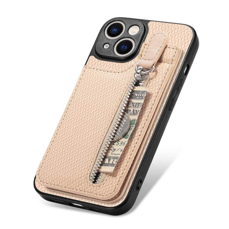 For iPhone 13 mini Carbon Fiber Vertical Flip Zipper Phone Case(Khaki) - iPhone 13 mini Cases by buy2fix | Online Shopping UK | buy2fix