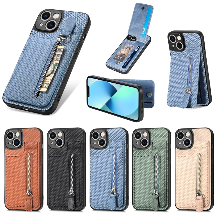 For iPhone 13 mini Carbon Fiber Vertical Flip Zipper Phone Case(Brown) - iPhone 13 mini Cases by buy2fix | Online Shopping UK | buy2fix