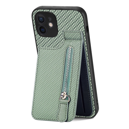 For iPhone 12 Carbon Fiber Vertical Flip Zipper Phone Case(Green) - iPhone 12 / 12 Pro Cases by buy2fix | Online Shopping UK | buy2fix