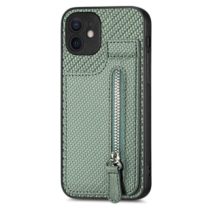 For iPhone 12 Carbon Fiber Vertical Flip Zipper Phone Case(Green) - iPhone 12 / 12 Pro Cases by buy2fix | Online Shopping UK | buy2fix