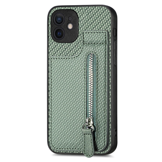 For iPhone 12 Carbon Fiber Vertical Flip Zipper Phone Case(Green) - iPhone 12 / 12 Pro Cases by buy2fix | Online Shopping UK | buy2fix