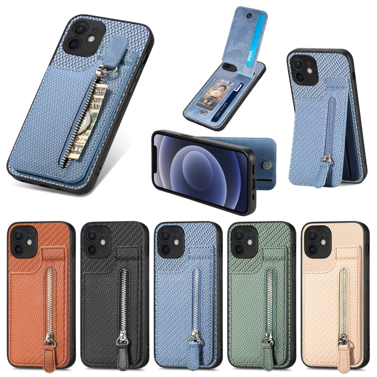 For iPhone 12 Carbon Fiber Vertical Flip Zipper Phone Case(Green) - iPhone 12 / 12 Pro Cases by buy2fix | Online Shopping UK | buy2fix