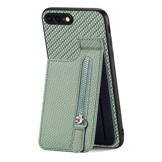 For iPhone SE 2022 / 2020 / 7 / 8 Carbon Fiber Vertical Flip Zipper Phone Case(Green) - More iPhone Cases by buy2fix | Online Shopping UK | buy2fix