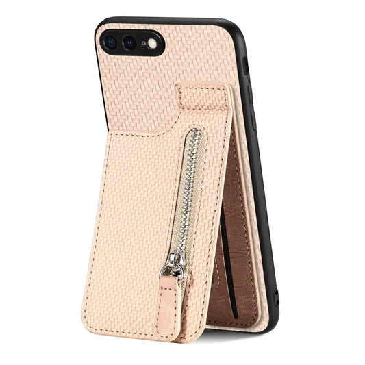 For iPhone SE 2022 / 2020 / 7 / 8 Carbon Fiber Vertical Flip Zipper Phone Case(Khaki) - More iPhone Cases by buy2fix | Online Shopping UK | buy2fix