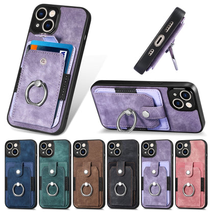 For iPhone 13 Retro Skin-feel Ring Card Wallet Phone Case(Brown) - iPhone 13 Cases by buy2fix | Online Shopping UK | buy2fix