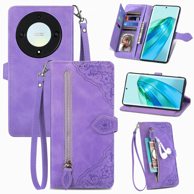 For Honor X9a Embossed Flower Zipper Leather Phone Case(Purple) by buy2fix