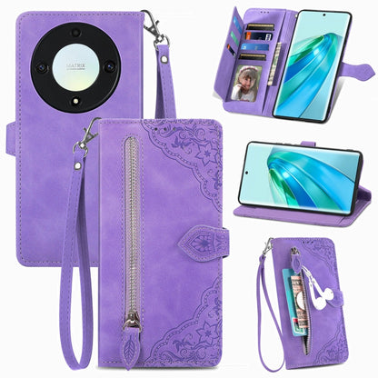 For Honor X9a Embossed Flower Zipper Leather Phone Case(Purple) by buy2fix