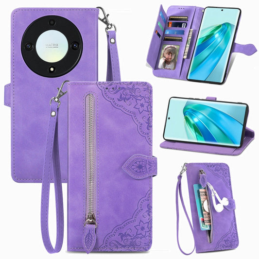 For Honor X9a Embossed Flower Zipper Leather Phone Case(Purple) by buy2fix