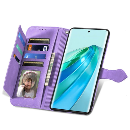 For Honor X9a Embossed Flower Zipper Leather Phone Case(Purple) by buy2fix