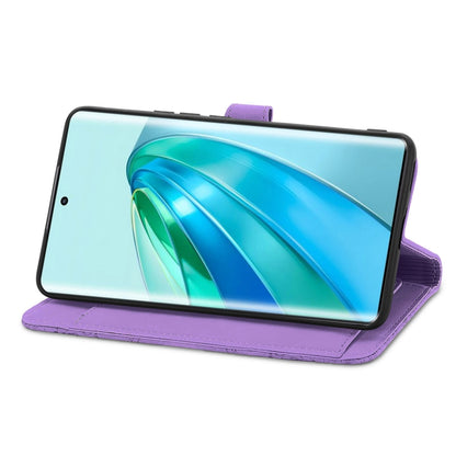 For Honor X9a Embossed Flower Zipper Leather Phone Case(Purple) by buy2fix