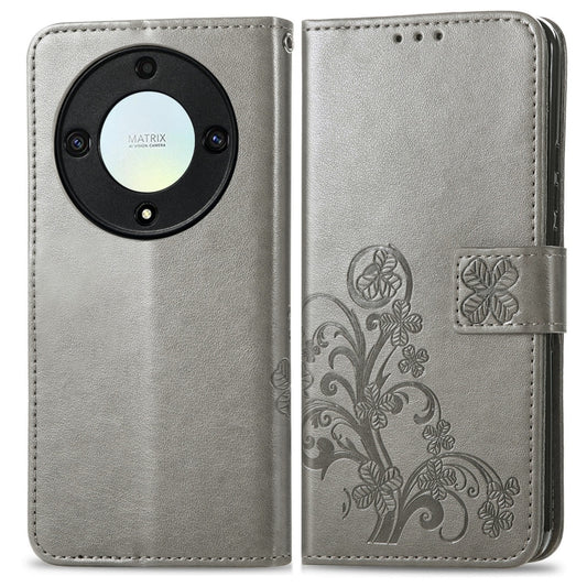 For Honor Magic5 Lite Four-leaf Clasp Embossed Buckle Leather Phone Case(Gray) - Honor Cases by buy2fix | Online Shopping UK | buy2fix