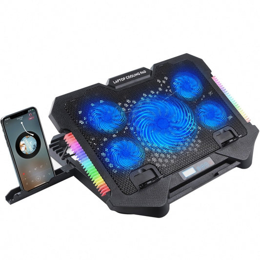 S500 Adjustable Height 5 Quiet Fans RGB Gaming Laptop Cooling Pad with Phone Holder by buy2fix